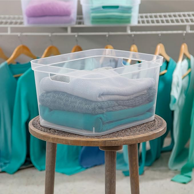 Sterilite 8.25x12.25x15 Inch Modern Polished Storage Bin w/Comfortable Carry Through Handles & Banded Rim for Household Organization, Clear (24 Pack)