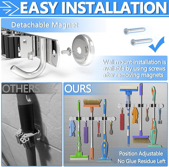 3-H Magnetic Broom Holder Wall Mount 1 Pack, 2-in-1 Dual Mount (No Drill or Screw Fix), 304 Stainless Steel Heavy Duty Magnet Mop Broom Organizer for Kitchen Garden Garage(3 Racks & 4 Hooks,Silver)