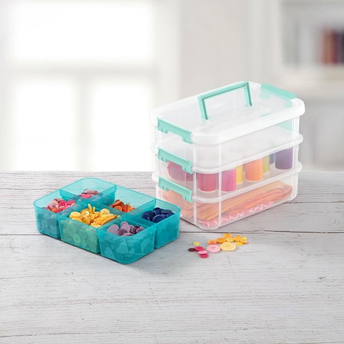 Sterilite 18 Pack Plastic Storage Box Container, 3 Layer, Stack and Carry, Clear/Blue