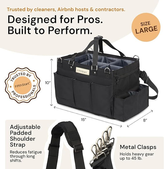 FifthStart Multiuse Cleaning Caddy w/Waist & Shoulder Strap - 9 Pockets Tote Bag for Housekeeping Gardening Fishing Bathroom Organizer Adjustable Compartments, Black Large Caddy Organizer with Handle