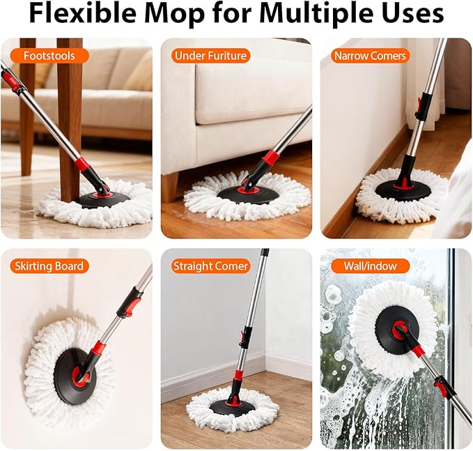 Spin Mop and Bucket with Wringer Set,360° Mop and Bucket System with One Microfiber Mop Refills and 50" Extended Handle for Floor Cleaning (Black)
