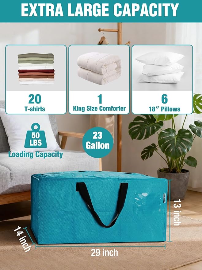 WORKPRO 8 Pack Extra Large Moving Bags with Zippers & Carrying Handles Backpack Straps, Heavy-Duty Storage Tote for Space Saving Moving Storage (Blue)