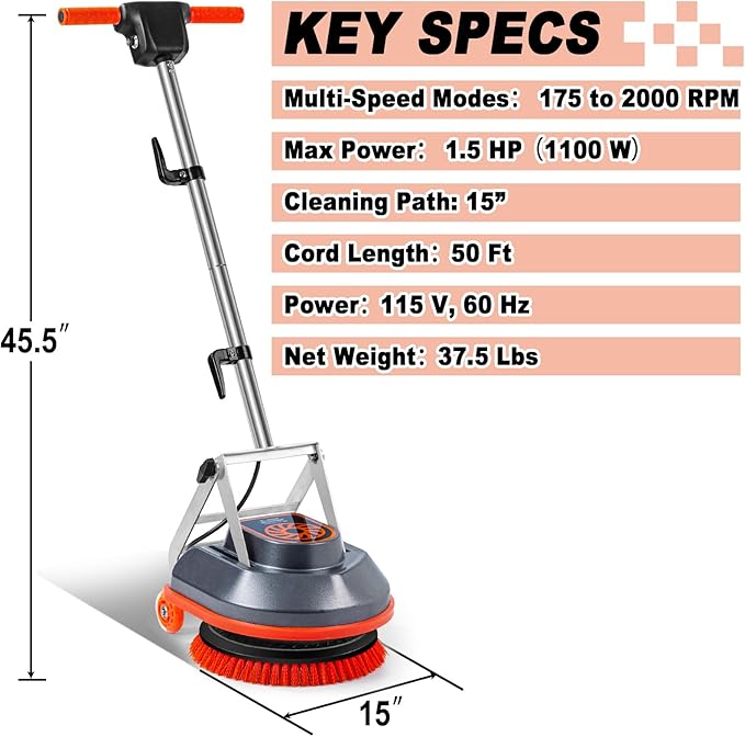 15" Floor Buffer Machine, Commercial Floor Scrubber Machine with Brushes and Pads, Heavy Duty Floor Cleaner and Polisher- Deep Clean and Polish Your Floors with Ease