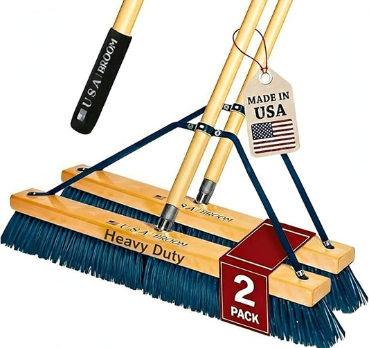 2 Pack Bundle - 24" Heavy Duty Outdoor Push Broom with 60" Handle. Ideal for Asphalt, Concrete & Heavy Debris. Durable American Made Steel Brackets-Stainless Steel Hardware. No Plastic. 100% USA Made.