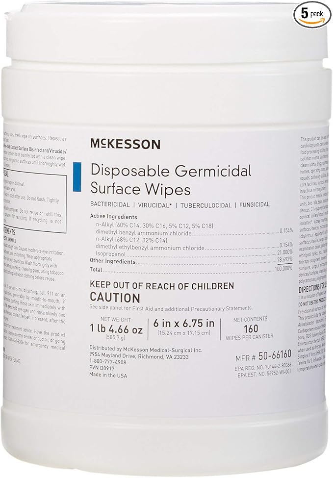 McKesson Germicidal Wipes [1920 Count] Disinfecting Wipes, Alcohol Cleaning Disinfectant Wipes, Hospital Grade Multi-Surface Wipes, 160 Wipes, 12 Pack