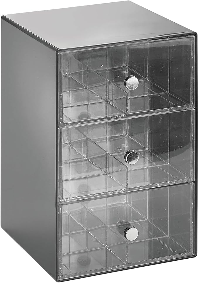 mDesign Plastic Wide Kitchen Pantry, Cabinet, Countertop Organizer Storage Station, 3 Drawers for Coffee, Tea, Sugar Packets, Sweeteners, Creamers, Drink Pods, Packets; 18 Sections, Dark Gray/Clear
