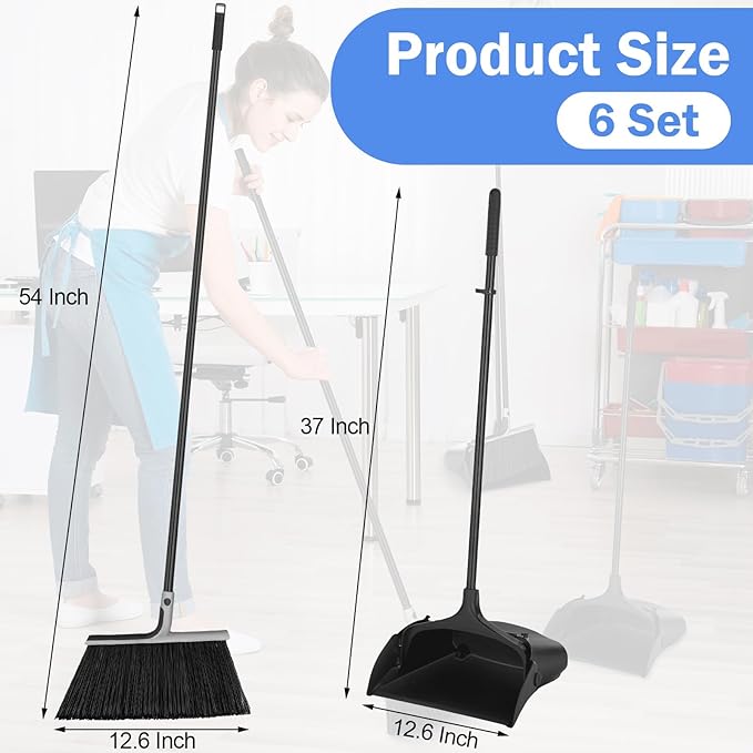 Yungyan 6 Set Broom with Dustpan Combo Set with 54 Inch Long Handle Commercial Lobby Plastic Upright Dustpan and Broom Set for Floor Cleaning Home Office Restaurant Indoor Outdoor Use