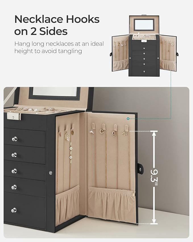 SONGMICS 6-Layer Jewelry Box Organizer with 5 Drawers, Jewelry Storage Case with Lock and Mirror, Large Storage Capacity, Gift for Loved Ones, for Necklaces, Watches, Black UJBC152B01