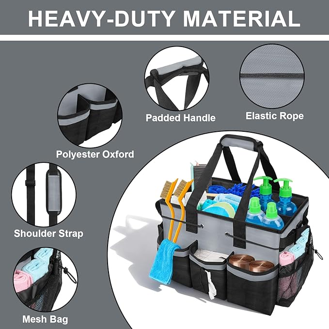 Large Cleaning Caddy Bag 15" x 10½" x 9" Heavy-Duty Organizer Tote for Home, Housekeepers, Janitors Cleaning Caddy for Cleaning Supplies with Shoulder Strap & Multiple Pockets (Gray)