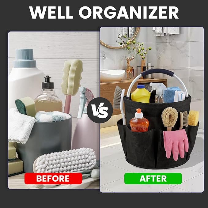 Cleaning Caddy with Handle and 6 Pockets, 17L Cleaning Supplies Organizer, 600D Oxford Fabric Storage Basket, Multifunctional Bucket Bag for Picnics, Camping, Gardening, Bathing (Black)