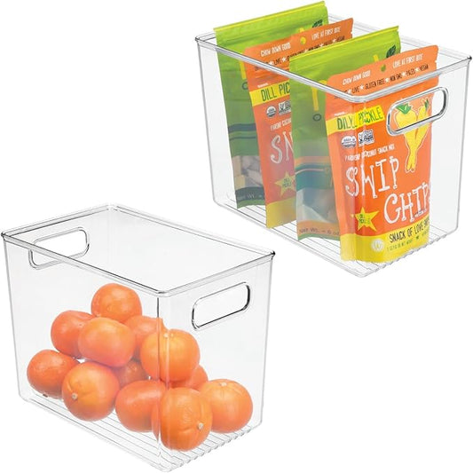 mDesign Plastic Modern Kitchen, Pantry Food Storage Container Bin w/ Handles - Cabinet, Fridge/Freezer, Countertop Organizer - Snacks/Drink/Appliances; Ligne Collection, Clear, 10x6.5x7.75 (Pack of 2)