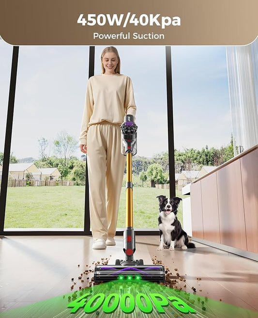 Cordless Vacuum Cleaner, 450W 40KPA Vacuum Cleaners for Home, 45 Mins Lightweight Stick Vacuum with LED Display, Anti-Tangle, Rechargeable Battery Vacuum for Carpet,Pet Hair,Hardwood Floor