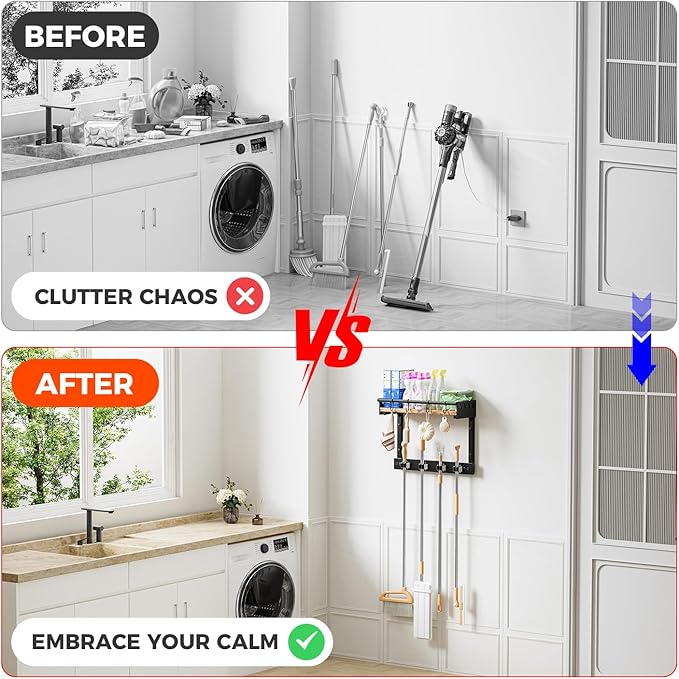 Broom Holder Wall Mount with Shelf, Broom Hanger and Hooks, Broom and Mop Organizer Wall Hanging for Laundry Room, Garage, Utility Closet, Kitchen（Small）