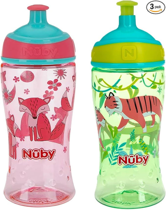 Nuby Printed Kids Pop Up Sipper Water Bottle 12oz, 2 Count - Coral, Green
