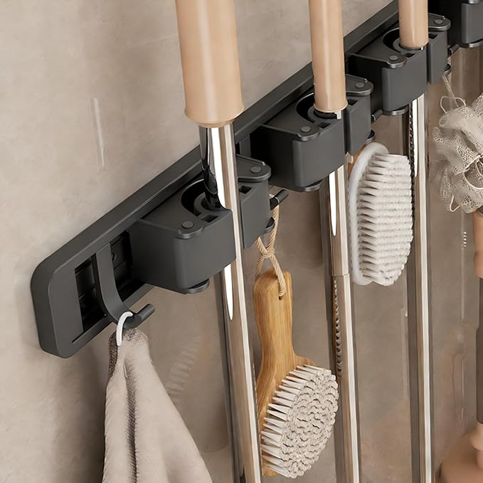 Broom Holder Wall Mount with Adjustable Hooks, Mop Organizer Rack for Narrow Space, Mop and Broom Hanger Wall Mount for Organizing in Kitchen, Garage, Laundry Room, 3 Racks 4 Hooks, Gray