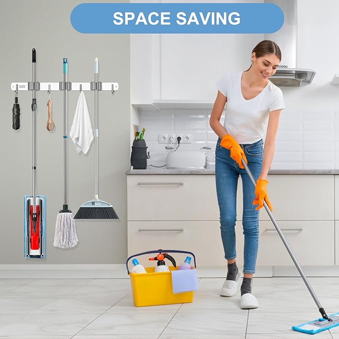 Mop and Broom Holder Wall Mounted, 3 Racks and 4 Hooks Broom, Upgraded Stainless Steel Broom Holder Self Adhesive, Broom Organizer, Tools Organizer for Home Kitchen bathroom Garden balcony