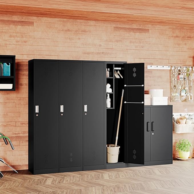 STANI 71" H Broom Closet Storage Cabinet Metal Cleaning Tool Cabinet Utility Closet Cleaning Supplies with Locking Door Broom Rack Shelf for Broom mops Garage Storage Black
