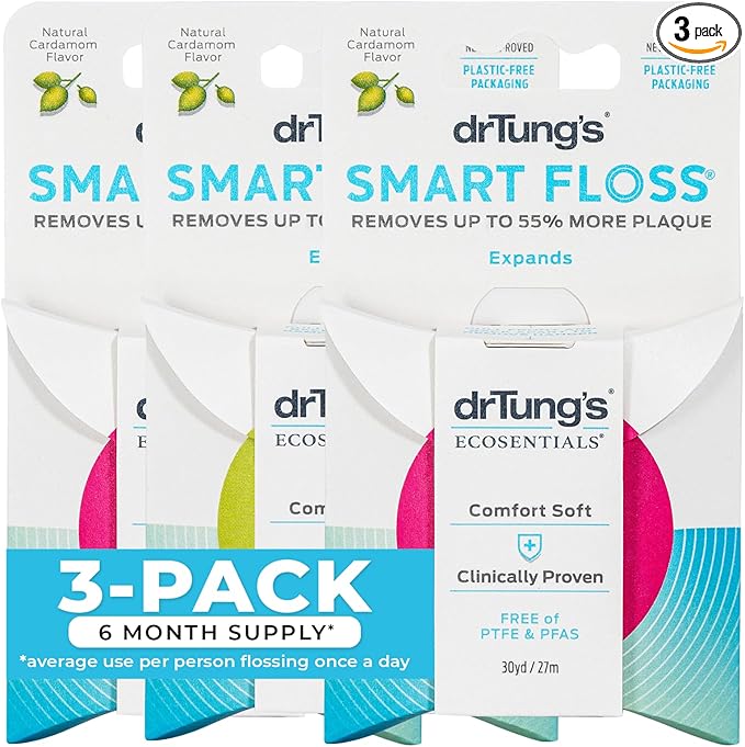 DrTung's Smart Floss - Natural Floss, PTFE & PFAS Free Floss, Gentle on Gums, Expands & Stretches, BPA Free - Natural Dental Floss Cardamom Flavor (Pack of 3)