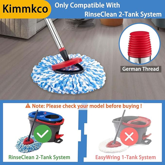 Small Spin Mop Replacement Head for O Cedar RinseClean 2-Tank System, 2 Fluffy Microfiber Mop Refills with 1 Small Base & 4-Section 30-58in Mop Handle, Replace Heads for Deep Clean, Machine Washable