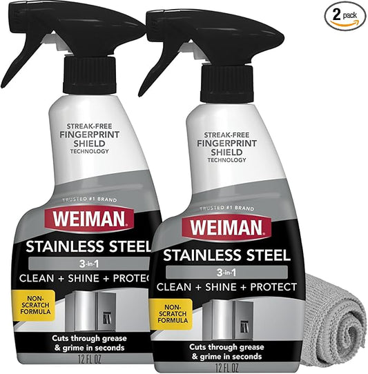 Weiman Stainless Steel Cleaner and Polish - 2 Pack - Removes Fingerprints, Residue, Water Marks and Grease from Appliances w/Buffing Towel