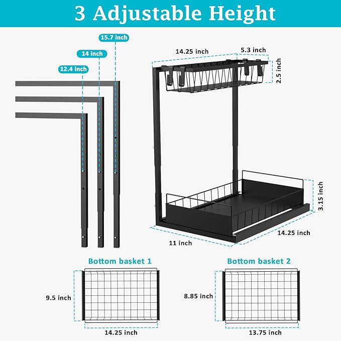 REALINN Under Sink Organizer, 2 Pack Height Adjustable Kitchen Organizers and Storage, 2 Tier Pull Out Sliding Cabinet Storage, Multi-Use for Kitchen Bathroom Cabinet