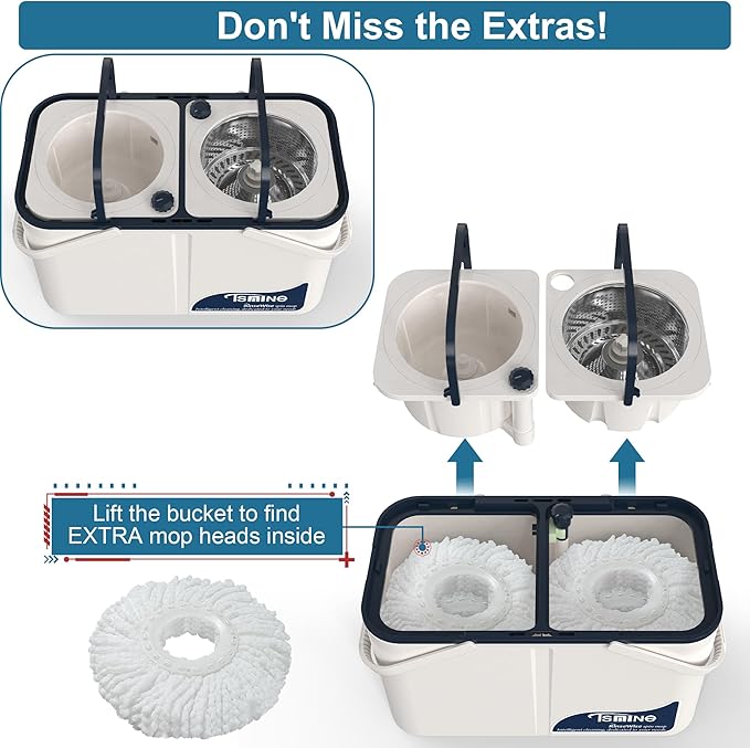 Gen 1 Large-Capacity Spin Mop and Bucket – for Big Homes & Deep Cleaning Days,4-Chamber System Separates Dirty & Clean Water, 2-GAL Heavy-Duty Design with Wheels & 8 Refill Mop Heads - White/Blue