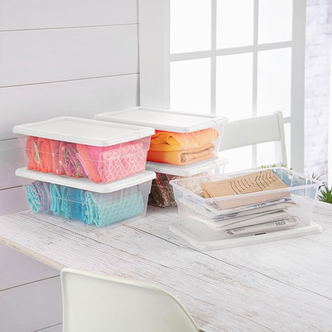 Sterilite 12-Pack 6 Quart Storage Box, Stackable Clear Plastic Bins with Snap-On Lids - Heavy-Duty Organizing Containers for Closet, Bathroom, and Office