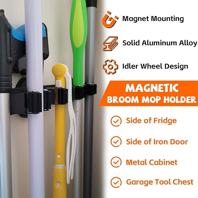 Magnetic Broom Holder Rack,Strong Magnetic Mount Mop Holder 4 Racks for Cleaning Tools,Non-slip Magnetic Tool Holder Broom Hooks for Camper Garage Kitchen