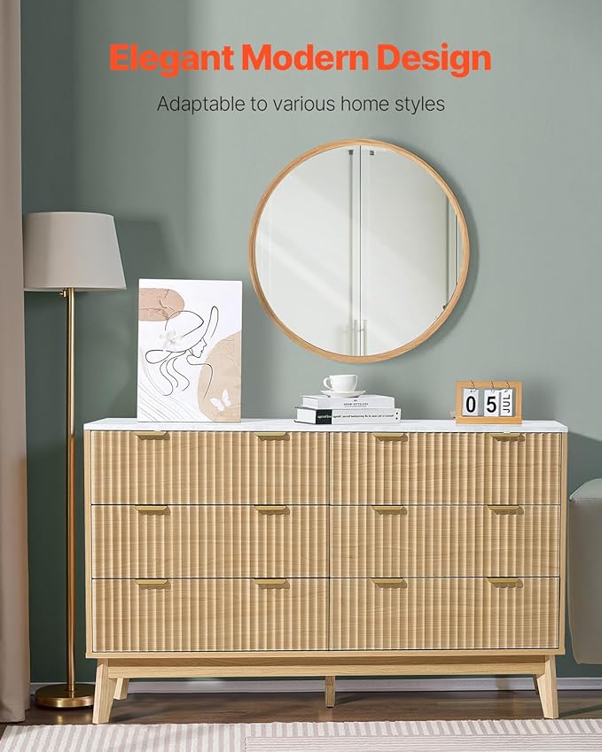 VEVOR Fluted 6 Drawer Dresser, 54" Wide Chest of Drawers with Faux Marble Top, Modern Dresser TV Stand, Wooden Closet Clothes Storage Organizer for Bedroom, Living Room, Hallway, Entryway, Natural Oak