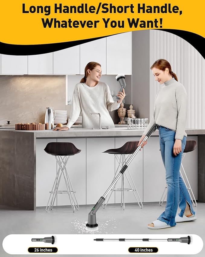 Electric Spin Scrubber for Cleaning Bathroom, Shower Scrubber Cordless Cleaning Brush with IPX7 Waterproof & 2 Speed, 3 Brush Heads, Bathroom Cleaning Supplies for Shower Tub Tile Toilet Grey