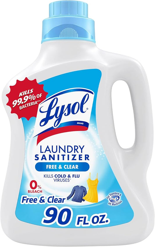 Lysol Laundry Sanitizer Additive, Free & Clear, Free from Fragrance and Dyes, 0% Bleach Laundry Sanitizer, Bacteria-causing Laundry Odor Eliminator, Unscented, 90 Fl Oz (Pack of 1) - Package May Vary