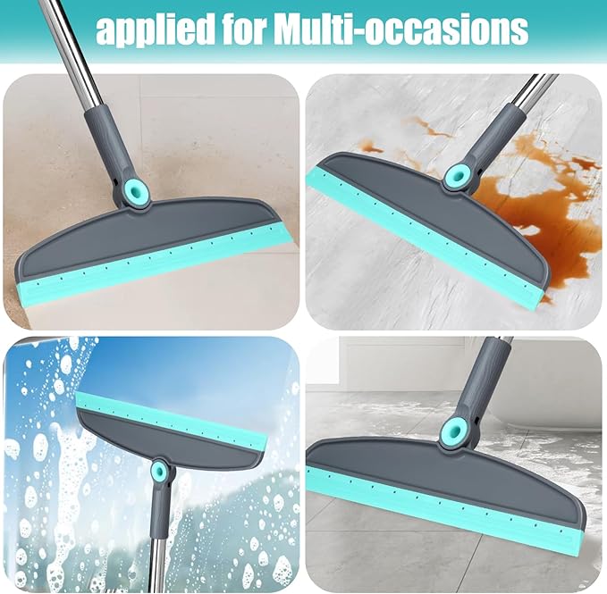 Upgrade Broom and Dustpan Set, Silicone Broom,Long Handle Broom with Upright Standing Dustpan, Squeegee - Broom for Indoor Cleaning 2+1,for Indoor Outdoor,Smooth Floors, Rugs (Green-Grey)