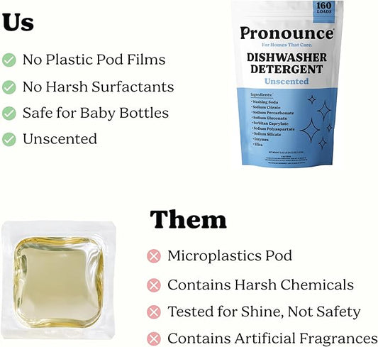 Pronounce Dishwasher Detergent - Cleaner Ingredients, Fragrance Free - Ultra Concentrated Dish Soap, Cuts Grease and Grime, Dishwasher Pods Alternative (Residue-Free). (160 Loads, Unscented)