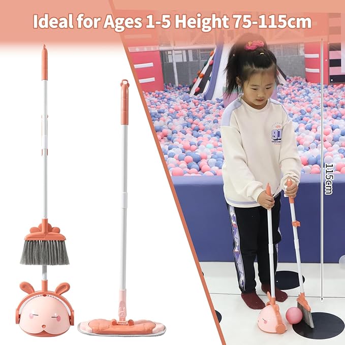 Kids Cleaning Toy Set, Mini Child Broom, Mop and Dustpan, Little Housekeeping Helper Set ,Pretend Home Cleaning Play Set for Toddler Age 1-5,6pcs (Pink)