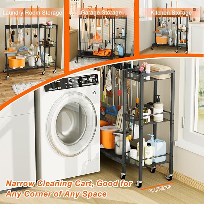 Broom and Mop Holder with Cleaning Supplies Organizer, Narrow Cleaning Cart with Cleaning Caddy, Large Capacity Cleaning Rack with Grippers Rack Hooks for Housekeeping Laundry Room Garage
