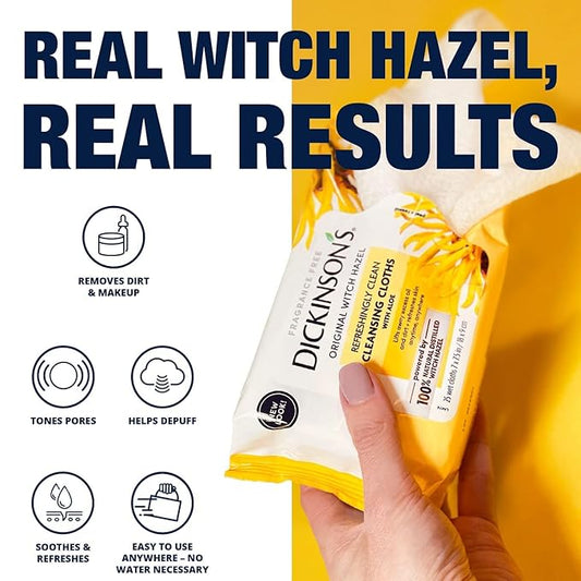 Dickinson's Original Witch Hazel Refreshingly Clean Cleansing Cloths with Aloe | 100% Natural Distilled Witch Hazel | Cleanses & Refreshes Skin | Extra-Large Cloths | Pack of 1 | 25 Cloths per Pack