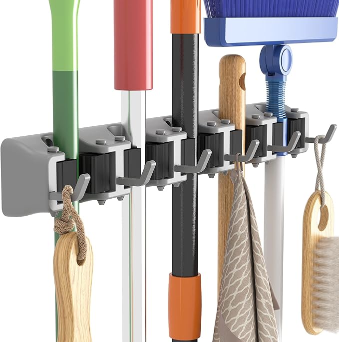 Lifewit Mop and Broom Holder Wall Mount, Anti-Slip Broom Hanger for Cleaning Supplies Organizer, Easy Install Tool Hanging Rack for Closet, Kitchen, Garage, 5 Slot 6 Hooks, Hold 30lbs, Gray, 1 Pack