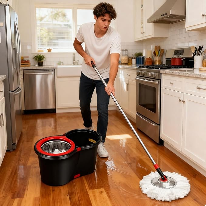 Spin Mop and Bucket with Wringer Set, 360°Rotating Head Mop Bucket System, 3 Replacement Mop Heads for Floor Cleaning (Black & Red) (Three mop Heads)