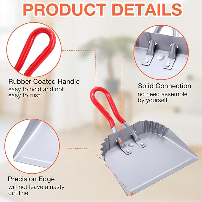 Uiifan 4 Pcs Industrial Metal Dustpans 12" Heavy Duty Dust Pan with Handle Commercial Dustpan Wide Scooper Dust and Debris Sweeping Tool Precision Edge Rubber Grip Loop Handle(Silver)