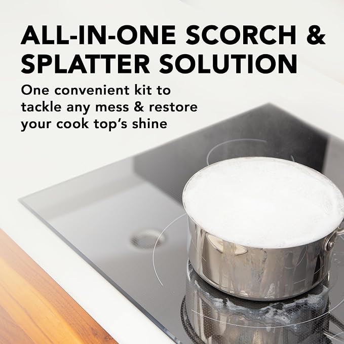 Weiman Glass Cooktop & Stove Top Cleaner Kit, Removes Grease & Burnt-On Food, Safe for Gas, Induction, Electric Cooktops & Air Fryers, Streak-Free Shine, Includes Stove Scraper & Scrubbing Pad, 10 oz