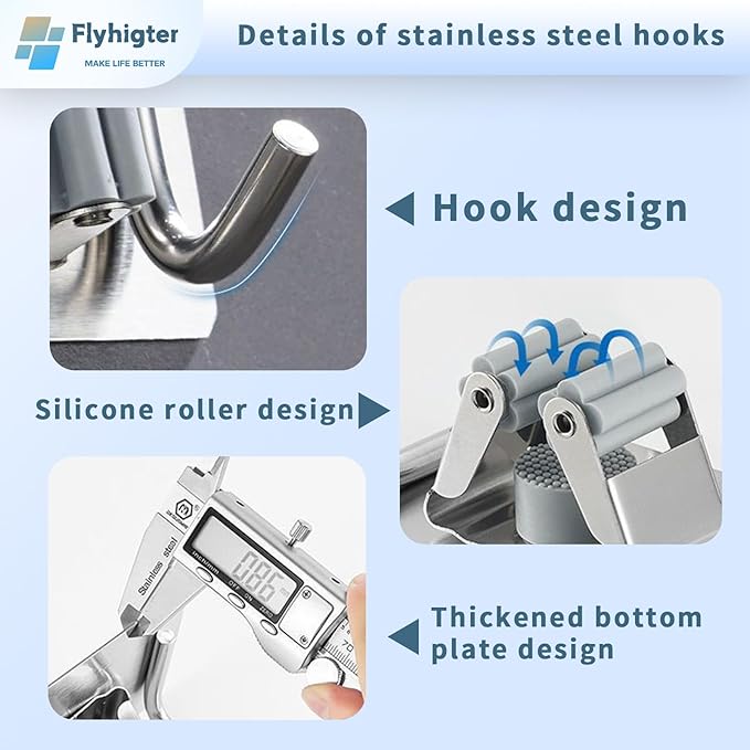10 Pack Heavy Duty Mop and Broom Holder Wall Mount, No Drill Self Adhesive Stainless Steel Hanger with Hooks, Anti-Slip Tool Organizer for Bathroom, Kitchen, Garage, Laundry Room (10, Silver)