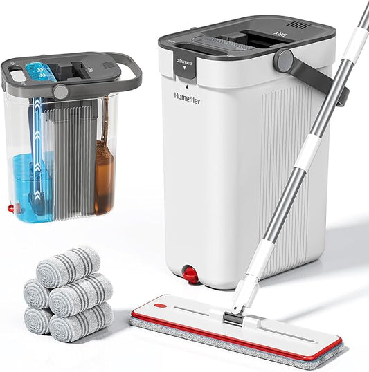 Mop and Bucket Set, Flat Mop and Bucket System with Separate Dirty and Clean Water, 3-Compartment Wall Cleaner Mop, Flat Mops for Floor Cleaning with 6 Microfiber Pads