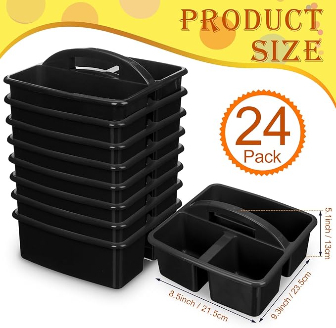Geelin 24 Pack Classroom Caddy Bulk, Black Plastic Caddy Organizer with Handle 3-compartment Stackable Portable Storage Bins for School Office Supplies