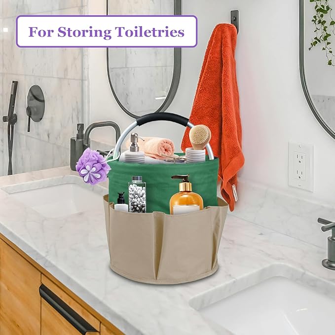 Set of 2 Foldable Cleaning Caddy for Cleaning Supplies, 17L Household Tool Bucket Organizer for Men, Large Cleaning Basket in 600D Oxford Fabric for Travel, Garden, Khaki with Green