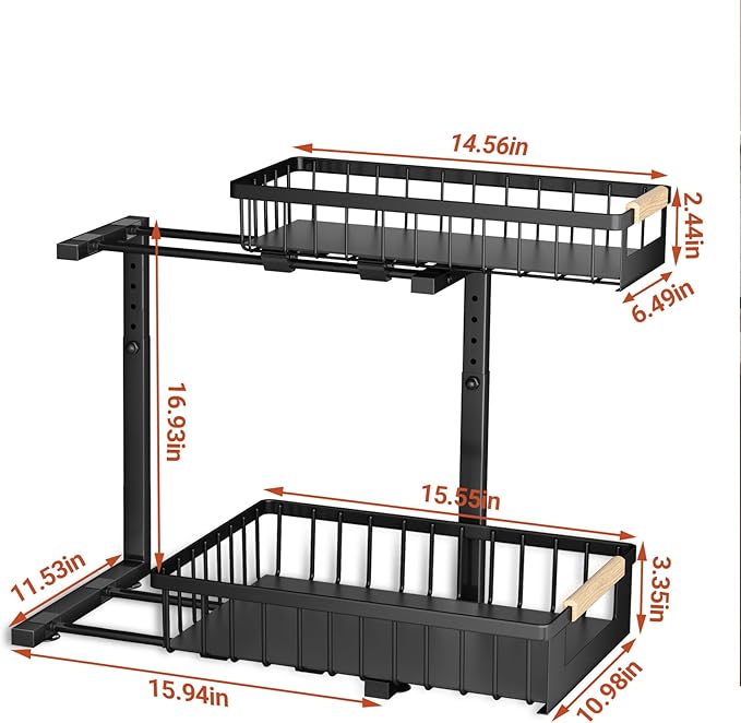 Under Sink Organizer 2-Pack Pull out Cabinet Organizer 2 Tier Metal Shelf Undersink Rack for Kitchen Bathroom Pantry Cabinet Organization and Storage, Black