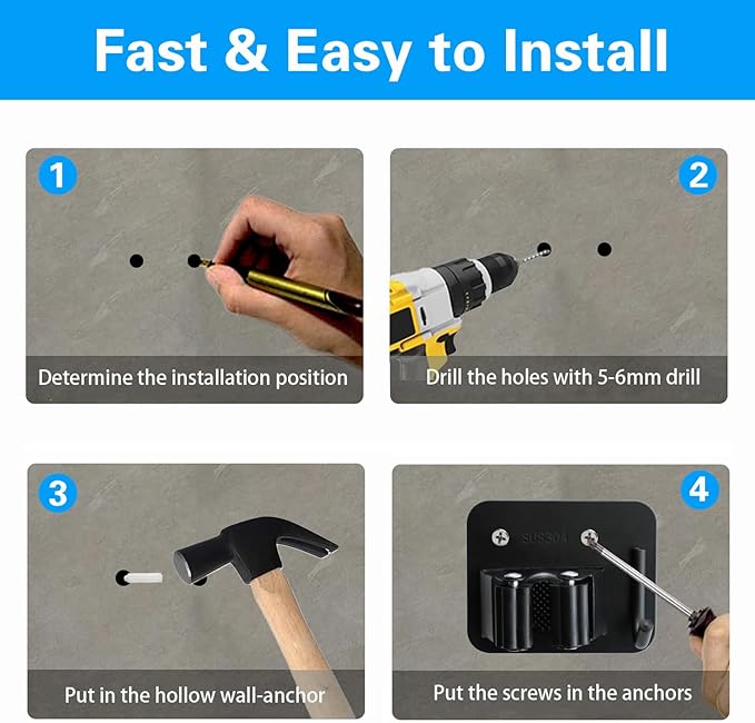 5 Pack Mop Broom Holder Wall Mount Screw Drilling, Stainless Steel Heavy Duty Organizer Hanger Tool Rack for Bathroom Kitchen Garage Laundry Office, Black