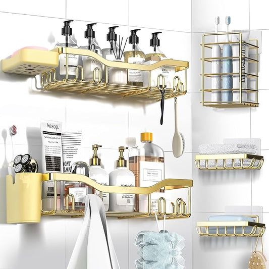 Shower Caddy Adhesive Shower Organizer 7-Pack, Rustproof Stainless Steel Bathroom Shelves, Large Capacity No-Drill Rack Storage Accessories with Soap Dish Toothbrush Holder Hooks