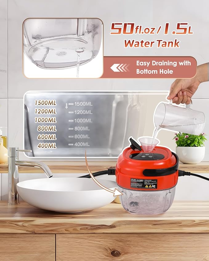 Handheld Steam Cleaner Touch Panel 2500W High Pressure Steamer for Cleaning Grout Tile Portable Steamer for Car Auto Home Small Power Cleaning Steamer with Drain Hole (Orange-red)