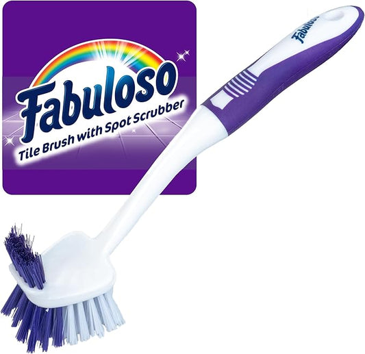 Fabuloso Tile Brush with Spot Scrubber, Long Bathroom Cleaning Brush with Medium Bristles, Shower Scrubber with Hanging Hole for Tile, Grout, Tubs, Floors and Bathroom Walls, 11 Inch