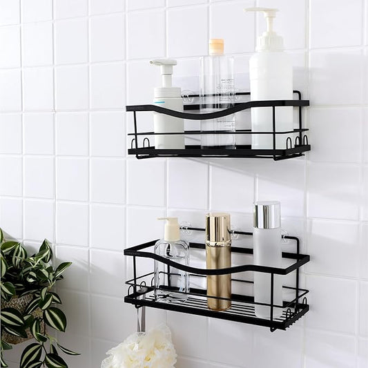 KINCMAX Iron Shower Caddies - Self Adhesive Bathroom Shelves for Showers - Wall Organizer Shampoo Holder Shelf - Peel and Stick On Caddy Bath Tub Rack - Pack of 2 Holders - Black